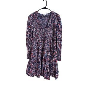 Boden Dress Womens 14/16 Tall Navy Red Floral Smocked Fit & Flare Midi